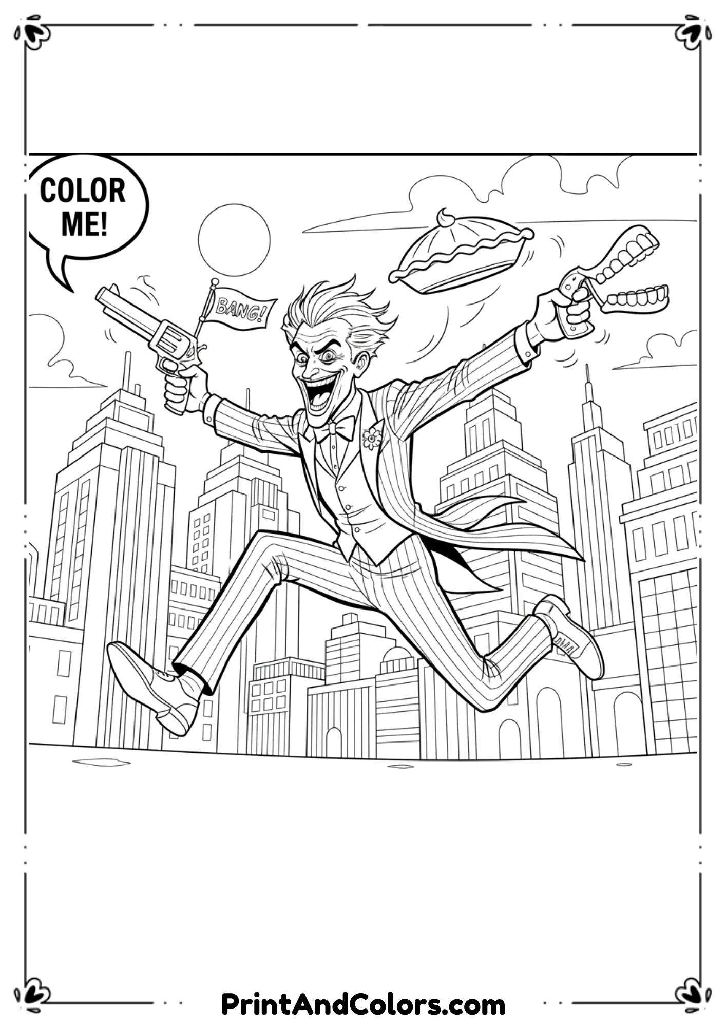 Joker running through Gotham City holding prank props, comic-style black and white outline.