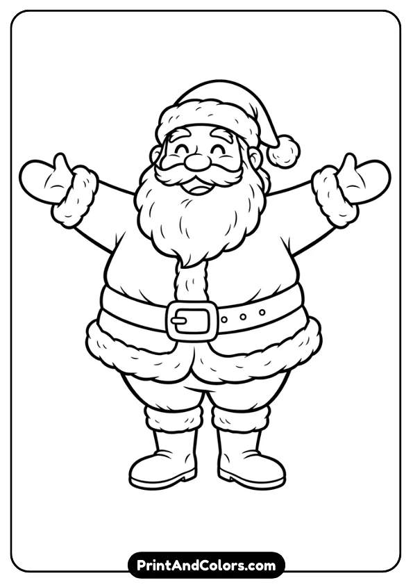 Fun outline of cheerful Santa wearing his classic suit and boots. Simple cute style for kids