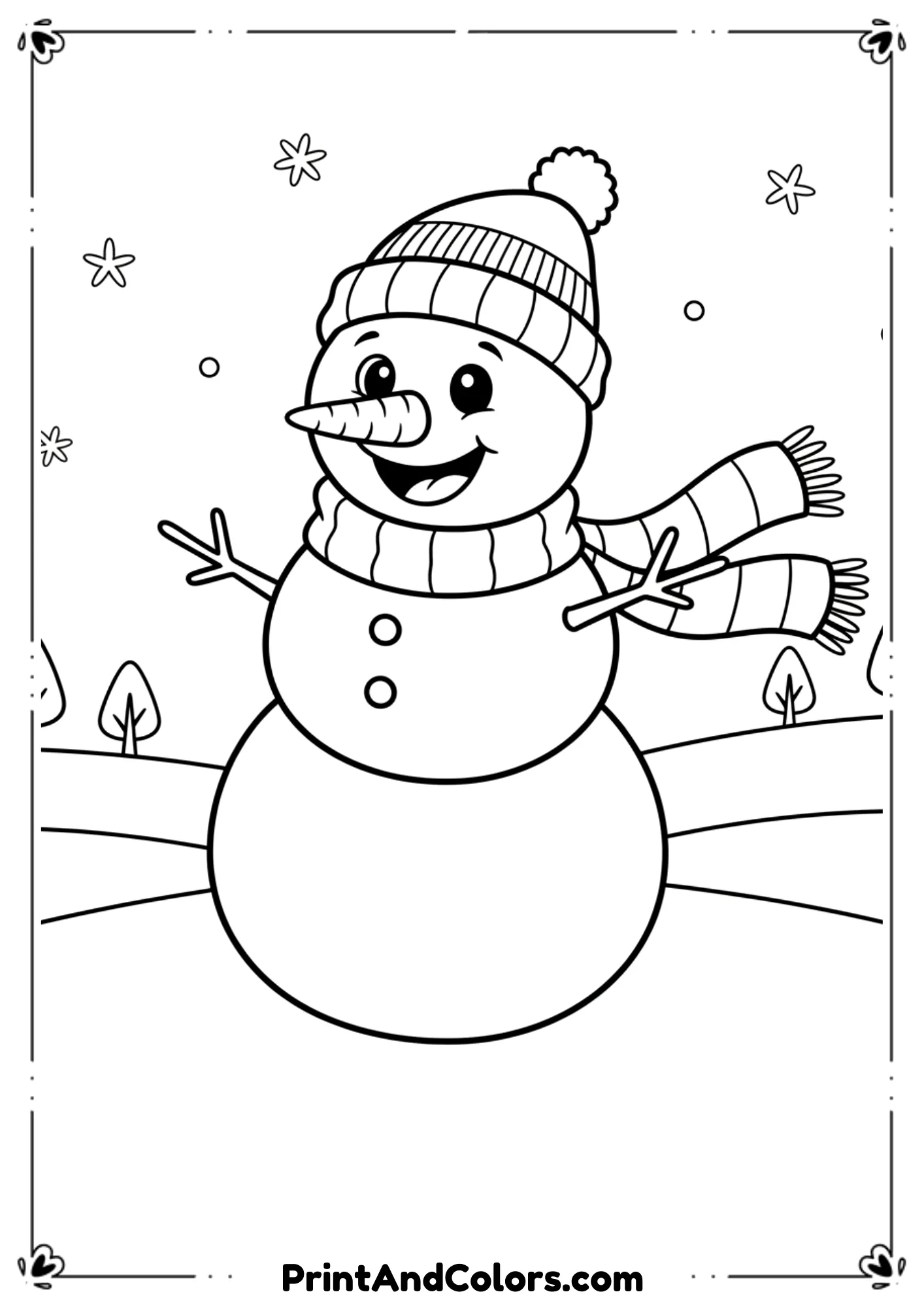 Jolly snowman with big cheerful smile, round body, carrot nose, winter hat, and scarf. Simple snowy scene around.
