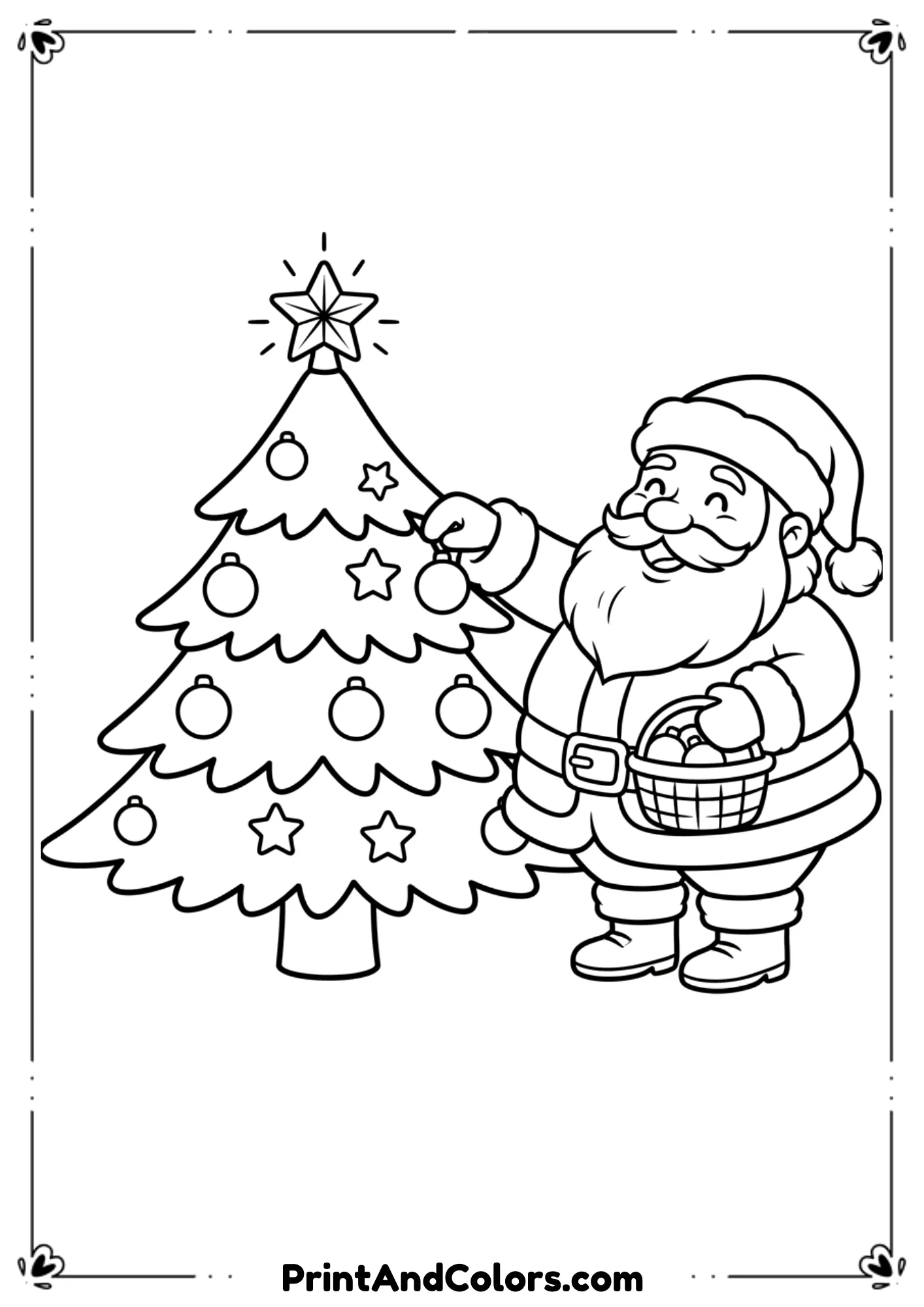  Cheerful Santa smiling and placing ornaments on a Christmas tree. Kids-friendly cartoon style, big bold outlines, simple shapes.
