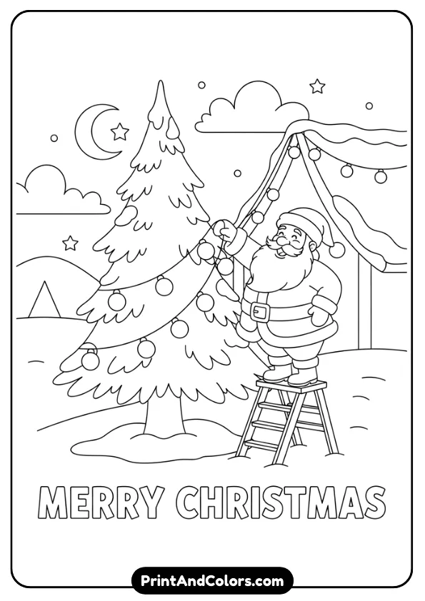 Santa standing on a small ladder or snowy ground hanging Christmas lights on a roof or tree. Clean outlines