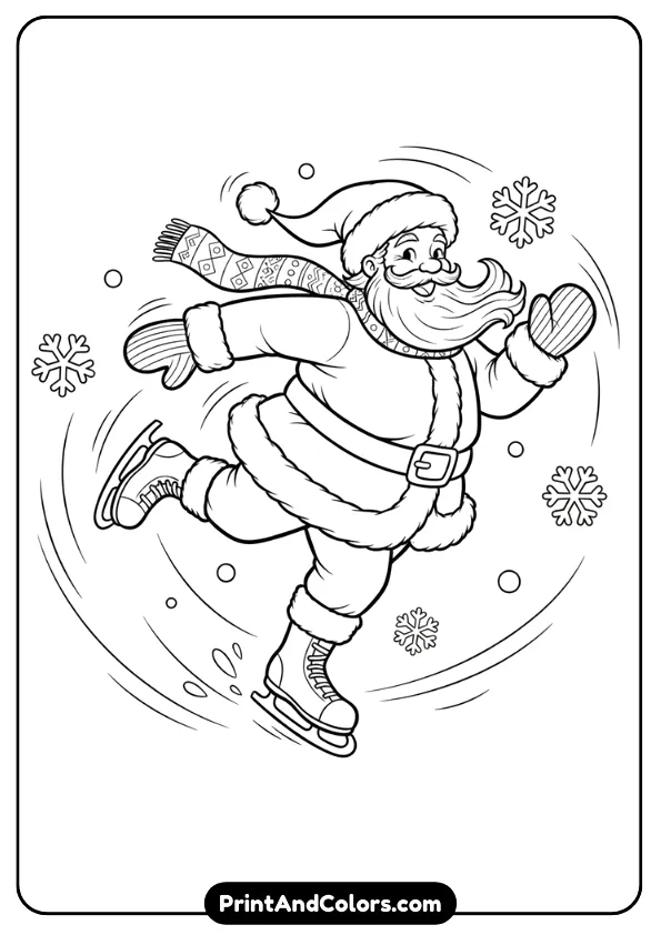 Black and white illustration of Santa ice-skating joyfully with mittens, scarf, and boots. Add motion lines and falling snow