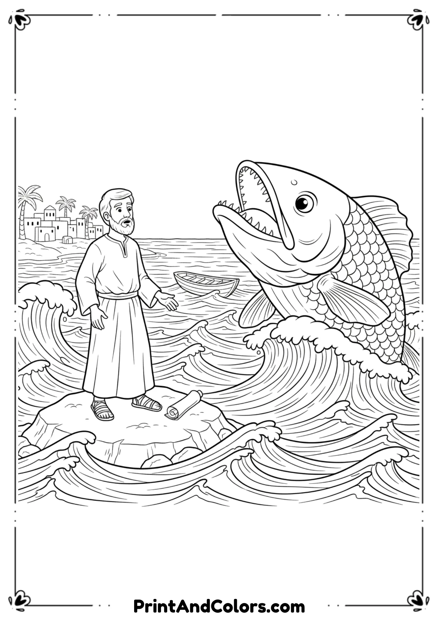 Biblical-style illustration of Jonah near a large fish (not whale) with waves and simple religious scene details. Clean kid-friendly line-art.