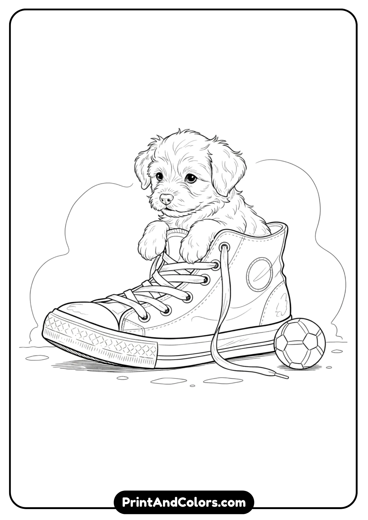Outline art of a puppy sitting inside a large sneaker with a small ball nearby. Black and white design for coloring.