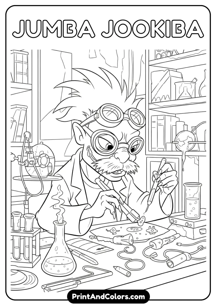 Mad scientist Jumba with his invention tools in a lab background