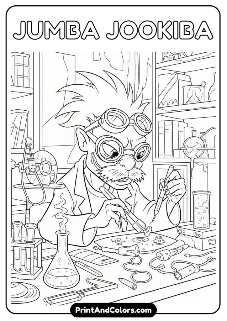 Mad scientist Jumba with his invention tools in a lab background