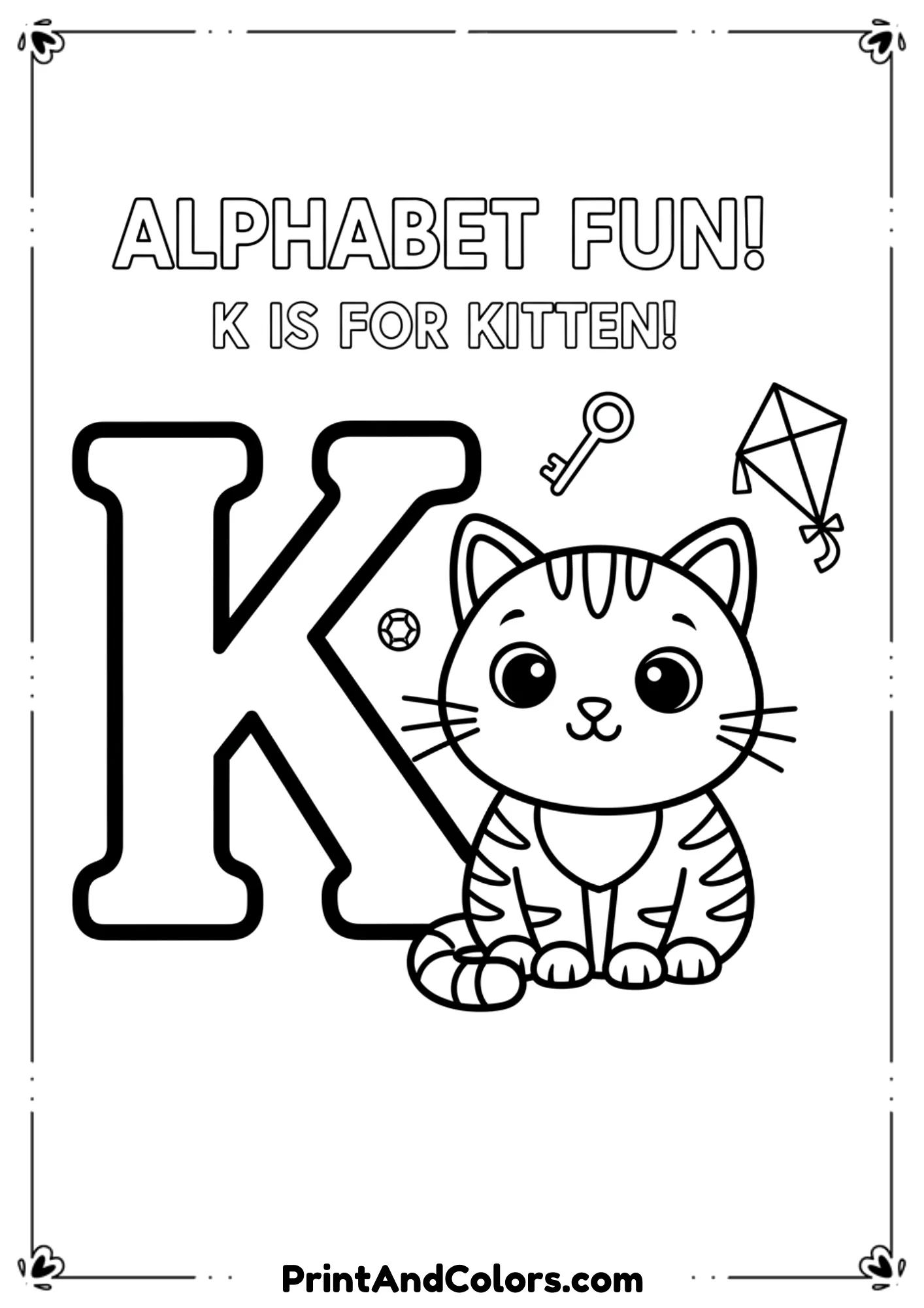  Alphabet-themed “K is for Kitten” design with a big letter K and a cute kitten beside it, educational outline for kids.
