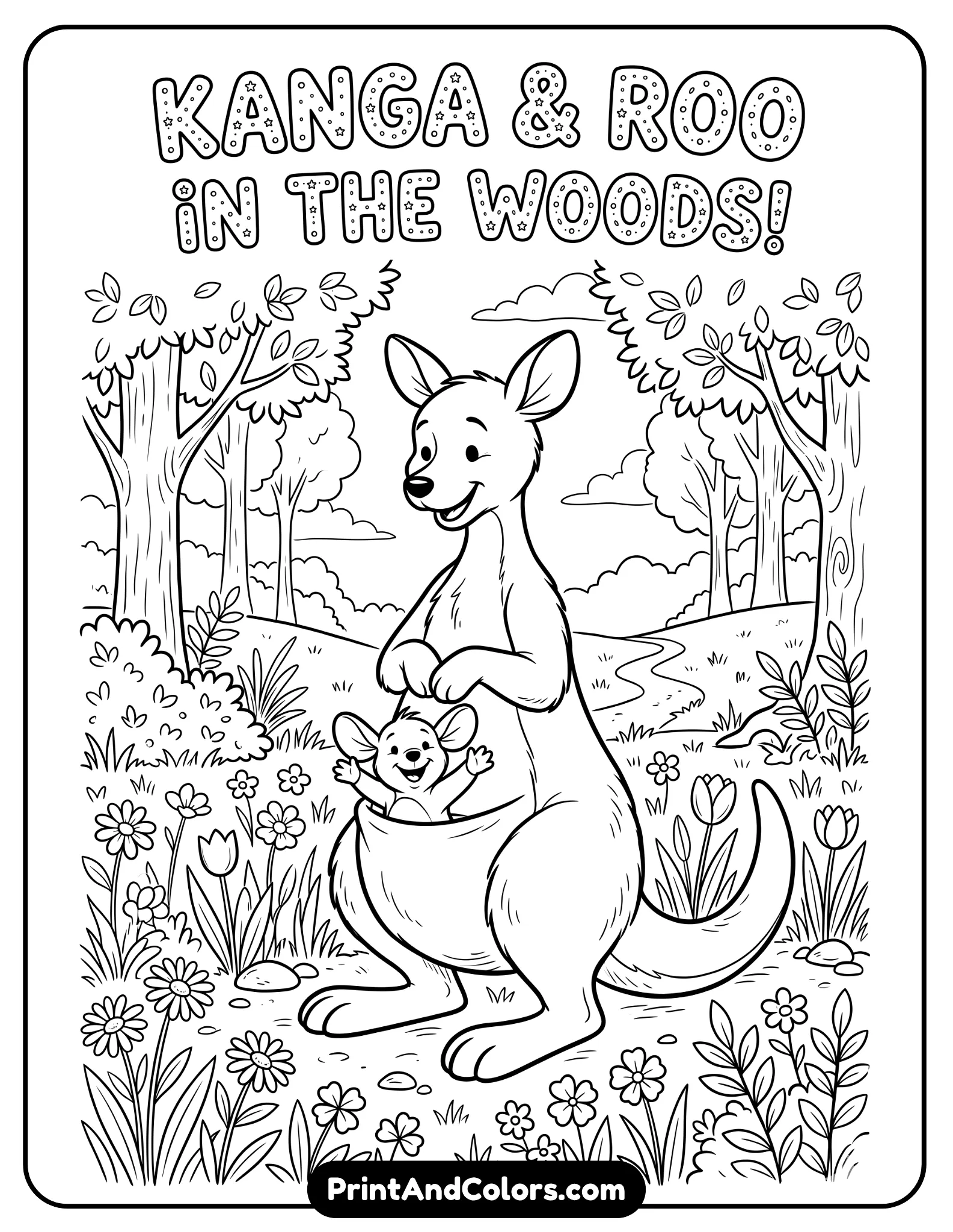 Black and white coloring page line art of Kanga standing gently while Roo happily peeks out of her pouch, both smiling warmly, soft forest setting with grass, flowers, and small bushes around them, friendly cartoon style inspired by classic children's storybooks, clean bold outlines, simple but detailed shapes perfect for kids coloring pages, printable worksheet style, white background, no shading or grayscale