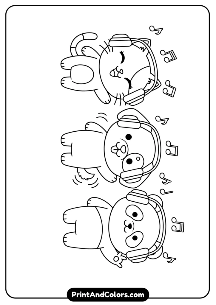 Black and white kawaii animals (cat, dog, panda) wearing headphones, listening to music, outlined with bold clean lines.