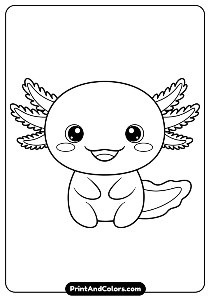 Black and white kawaii axolotl with big smiling face, gills on head, cute chubby body, outlined simply
