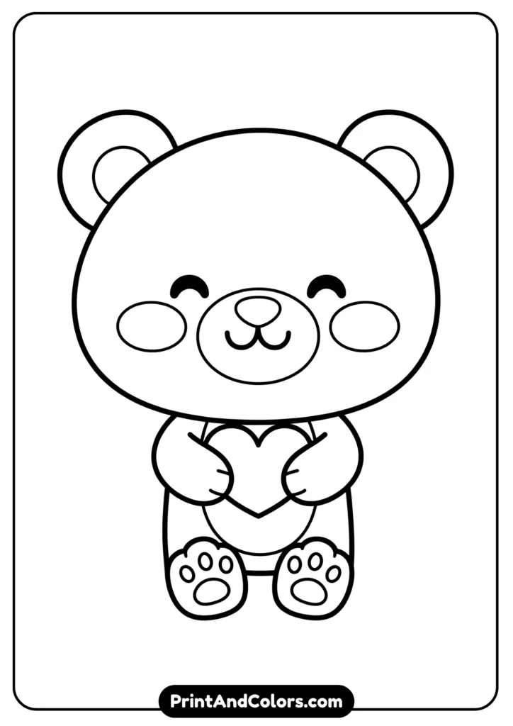 Black and white kawaii bear with round cheeks, tiny paws, holding a heart, smiling face, outlined simply