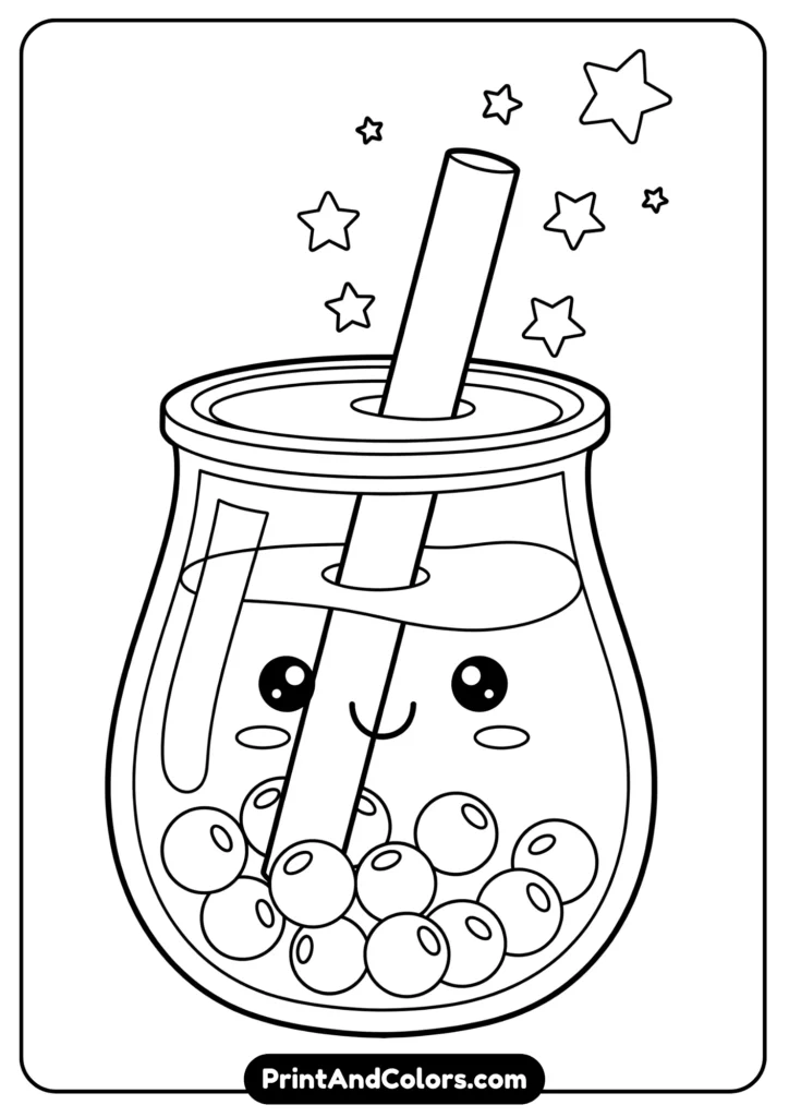 Black and white kawaii bubble tea cup with smiling face, boba pearls inside, straw with stars around.