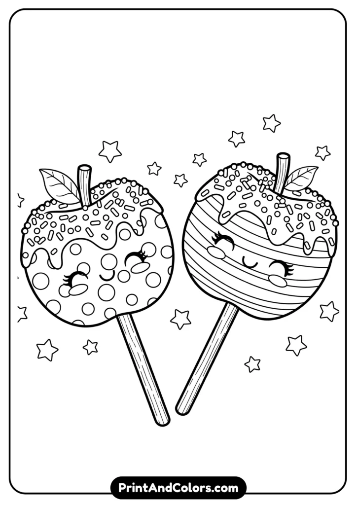 Black and white kawaii candy apples on sticks with smiling faces, sprinkles and stars around
