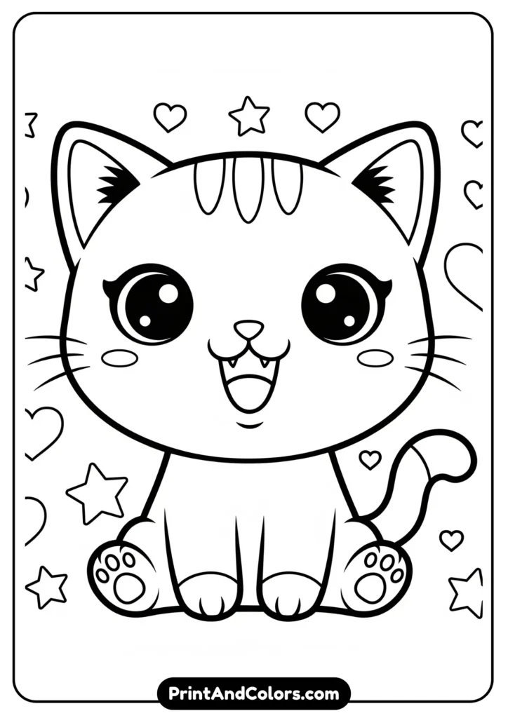 Black and white kawaii cat with big eyes, tiny paws, sitting with a happy smile, surrounded by hearts and stars.