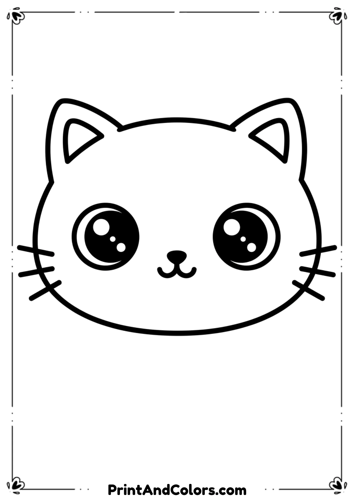Simple and cute kawaii cat design with big eyes and a small smile, minimal black outlines perfect for kids’ coloring.
