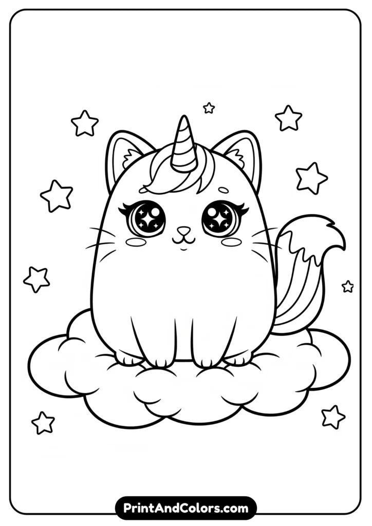 Black and white kawaii cat with unicorn horn, rainbow tail, and big sparkling eyes, sitting on a cloud with stars around