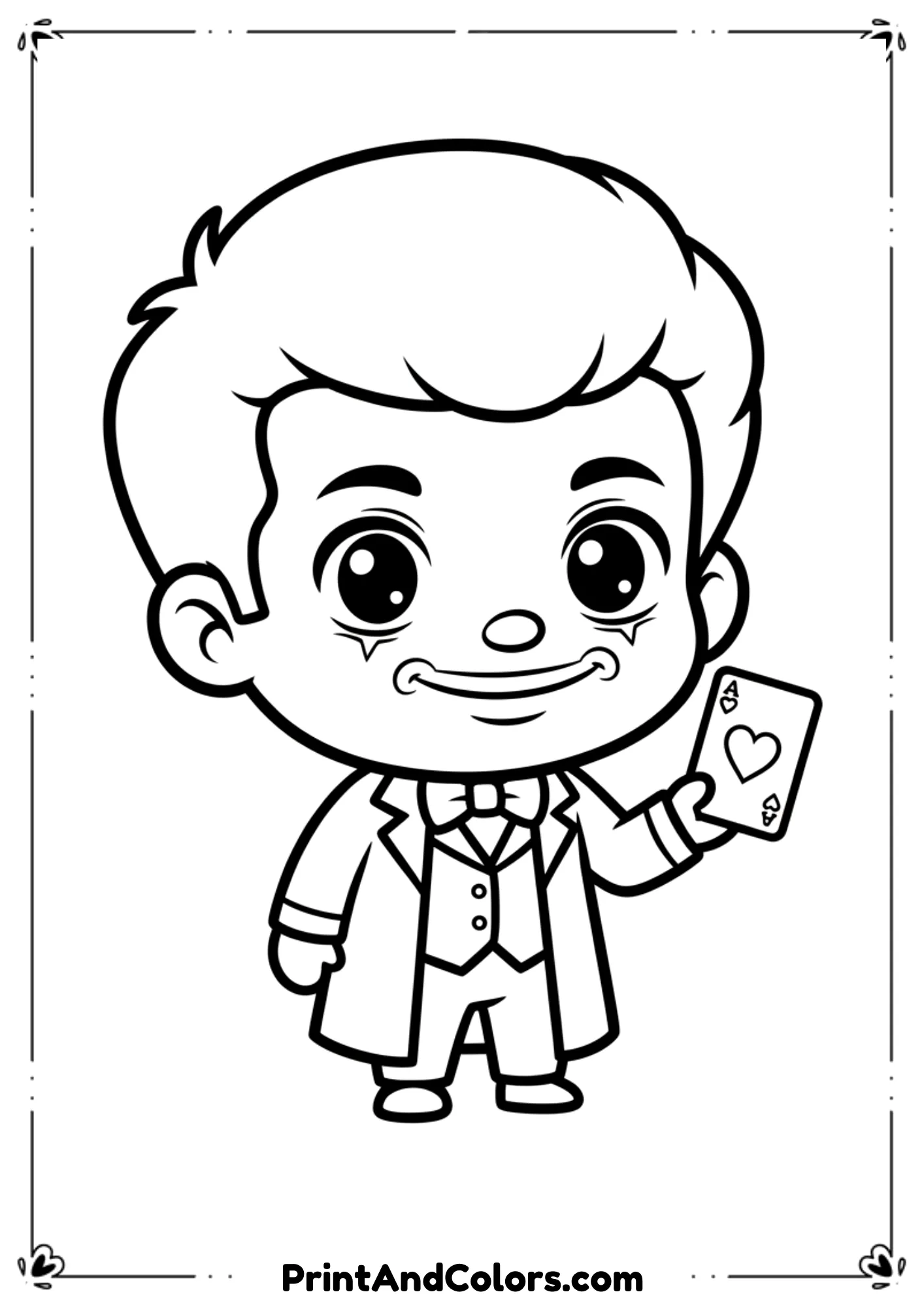 Cute kawaii-style Joker with oversized head and big eyes, black and white child-friendly outline.