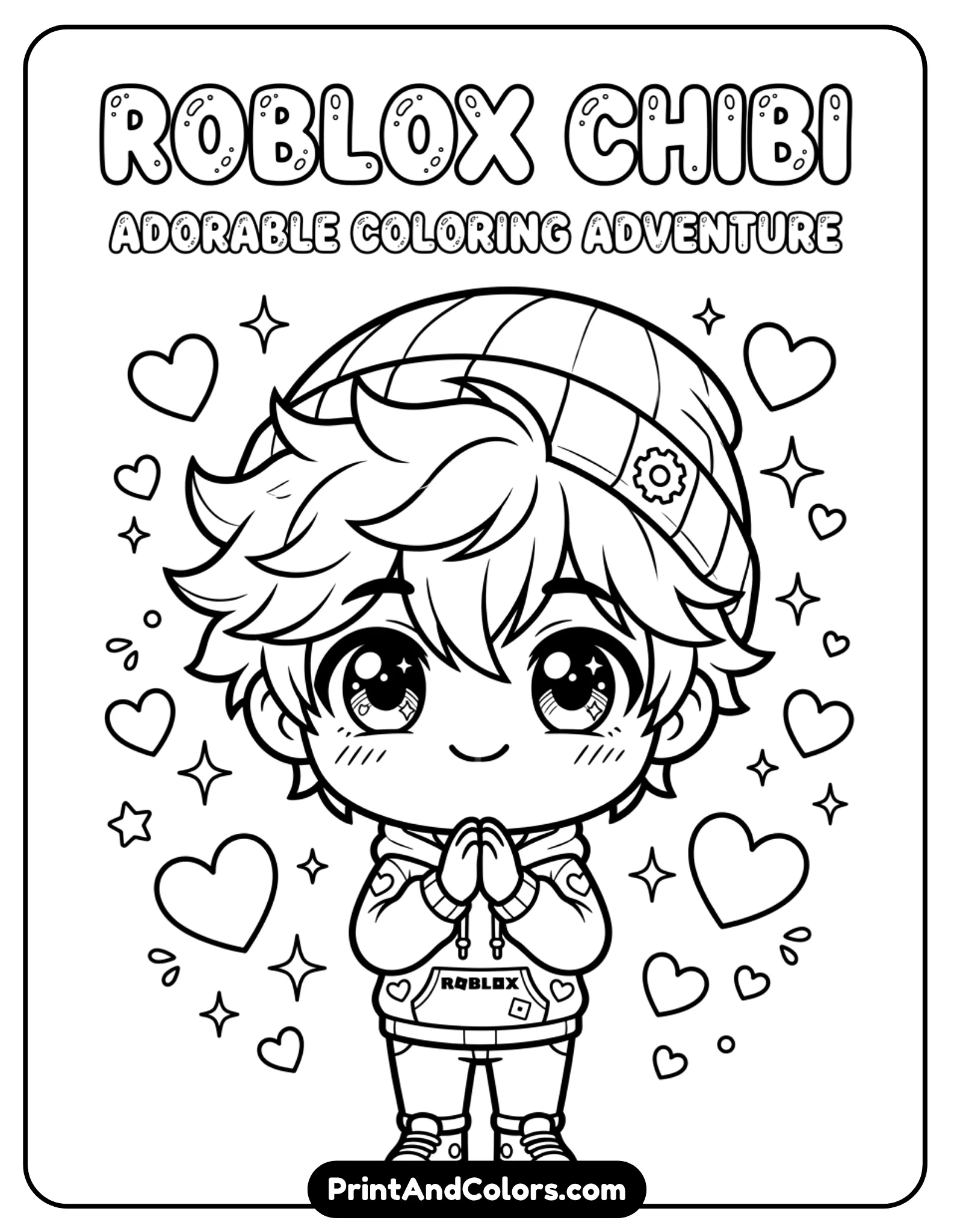Chibi Roblox avatar with oversized head, tiny body, big sparkling eyes, cute pose with hands together, hearts around, clean line art