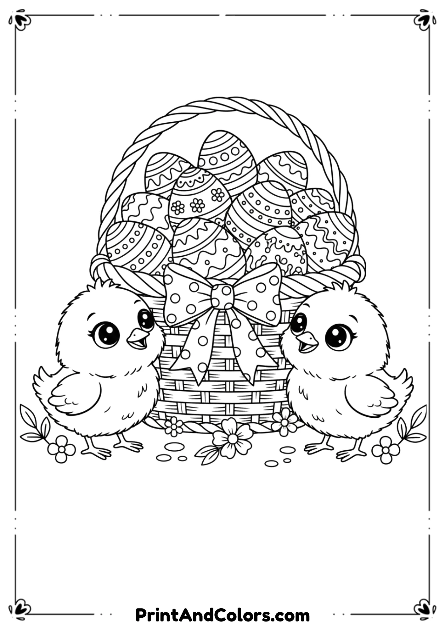 Cute black and white kawaii chicks standing near a basket full of decorated Easter eggs.
