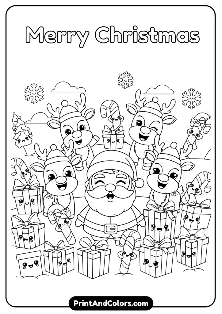 Black and white kawaii Christmas scene with Santa, reindeer, gifts, and candy canes, all with smiling faces