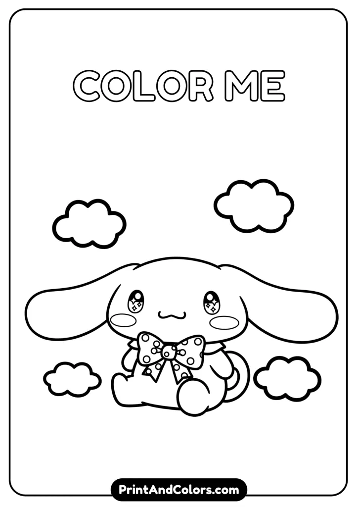 Cinnamoroll wearing a cute bowtie, sitting happily with wide sparkling eyes, drawn in kawaii style, clean black and white outlines, no colors, minimal background for easy coloring