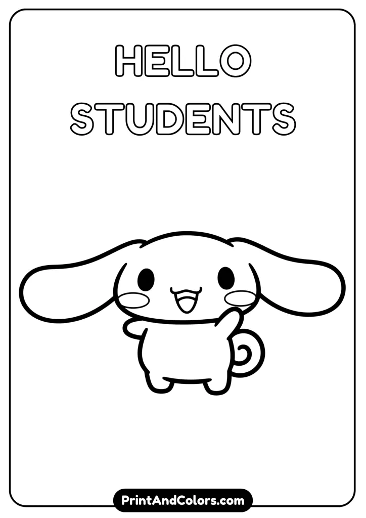Super simple kawaii Cinnamoroll with big eyes and a happy smile, minimal details, outlined in thick black and white lines, no colors, perfect for preschool coloring page