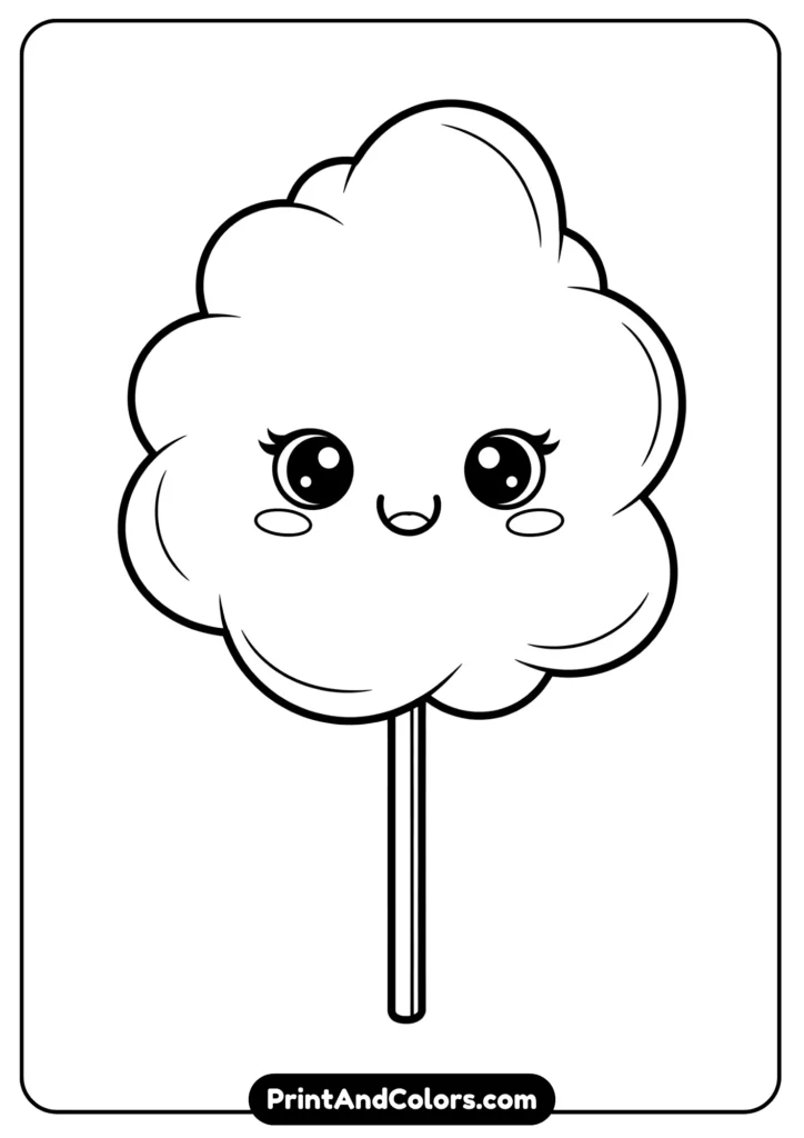 Black and white kawaii cotton candy on a stick with a happy face, fluffy shape, outlined for coloring