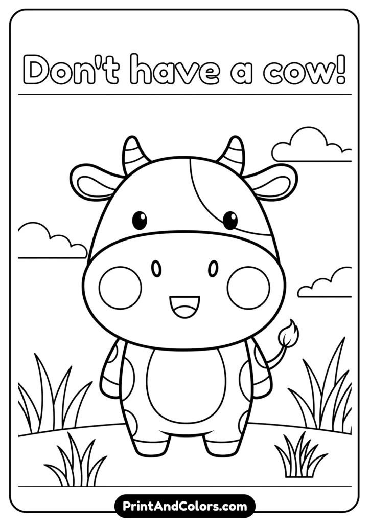 Black and white kawaii cow with round cheeks, tiny horns, and happy face, standing in a field.