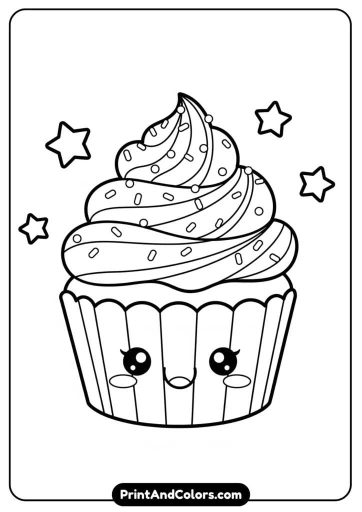 Black and white kawaii cupcake with a happy face, swirled frosting, sprinkles, and stars around it, outlined with clear bold lines for easy coloring