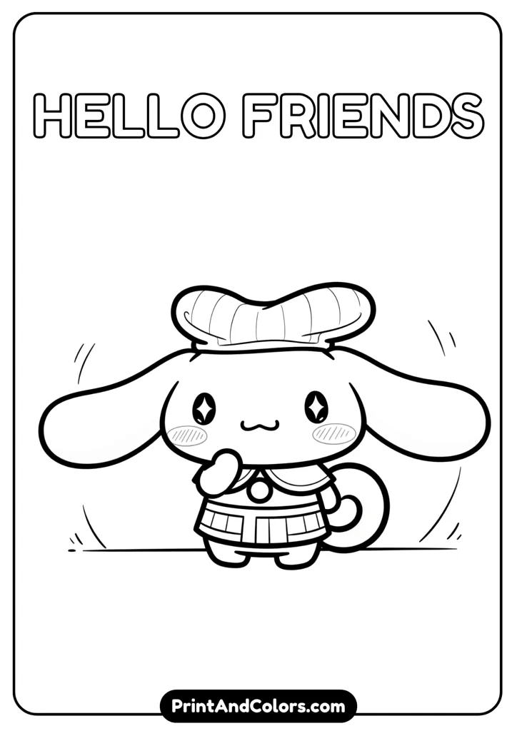 Kawaii Cinnamoroll with blushing cheeks, big sparkling eyes, cartoon black and white outline, no colors, minimal background