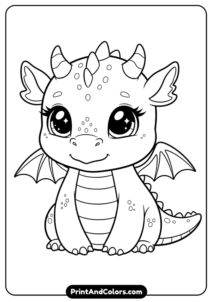 Black and white kawaii baby dragon with wings, big sparkling eyes, tiny horns, outlined for coloring