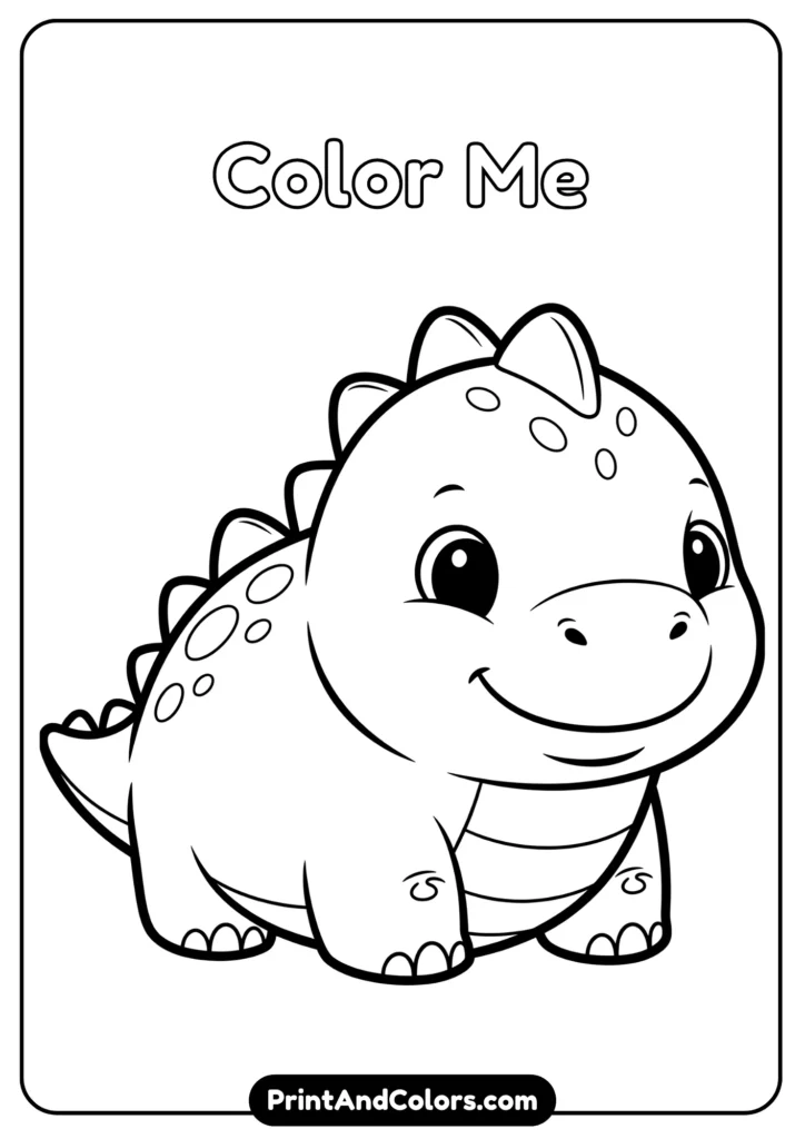 Black and white kawaii baby dinosaur with chubby body, tiny spikes, smiling face, outlined simply