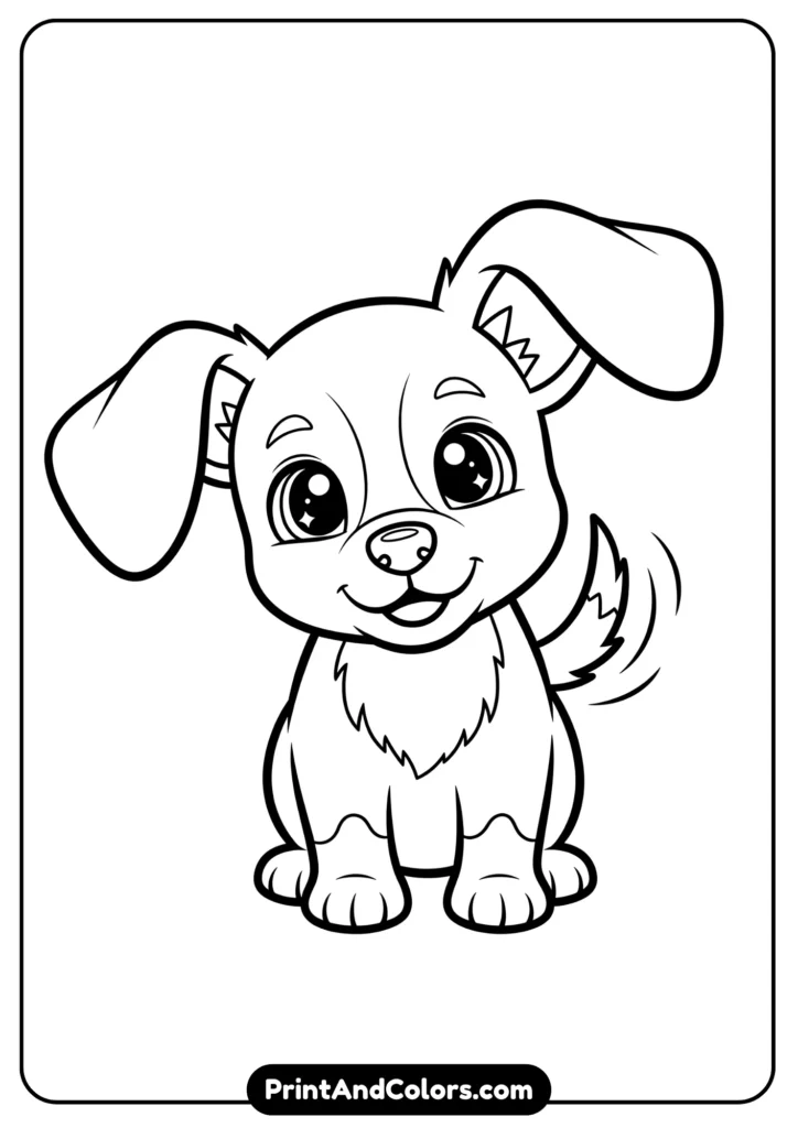 Black and white kawaii puppy with floppy ears, wagging tail, big sparkling eyes, outlined for coloring.