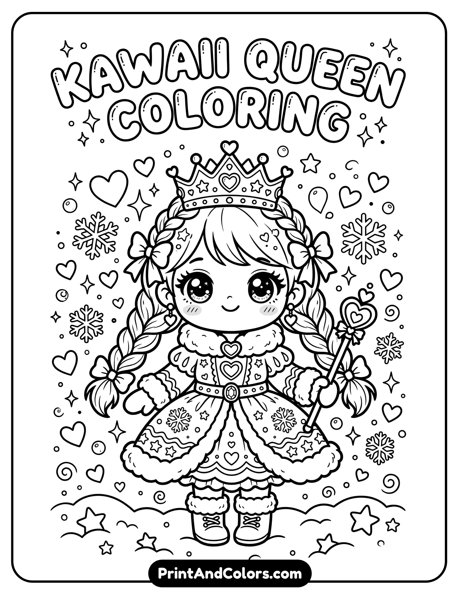 Kawaii-style Elsa coloring page with chibi proportions, large sparkling eyes, tiny body, cute braided hair, oversized winter dress, surrounded by hearts, snowflakes, and stars, black and white clean outlines, adorable printable coloring book illustration for kids and preschoolers.