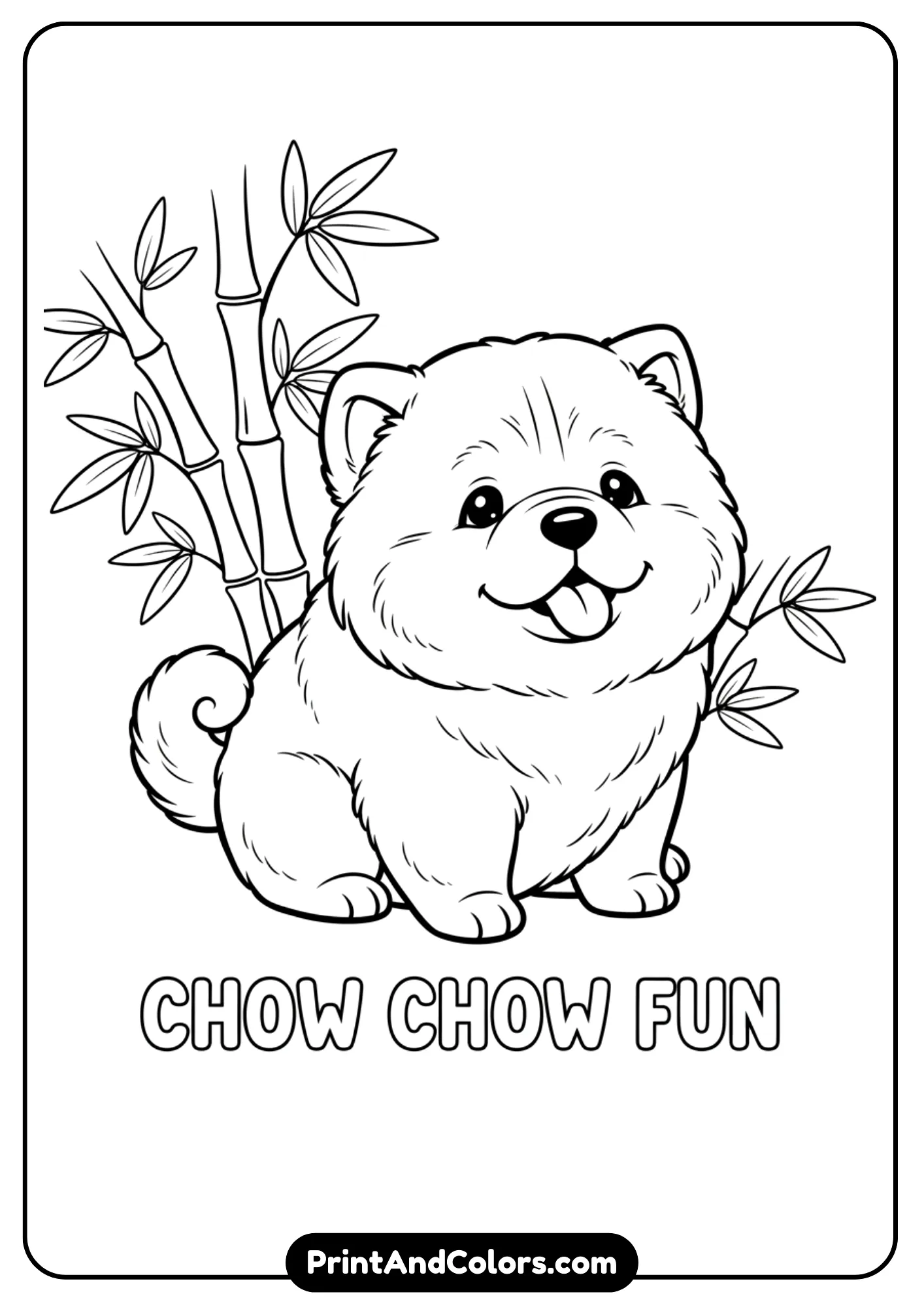Chibi-style fluffy Chow Chow puppy sitting in front of bamboo trees. Cute black and white outlines for coloring page.