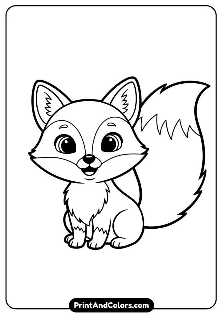 Black and white kawaii fox with fluffy tail, big eyes, and smiling face, outlined clearly for kids’ coloring.