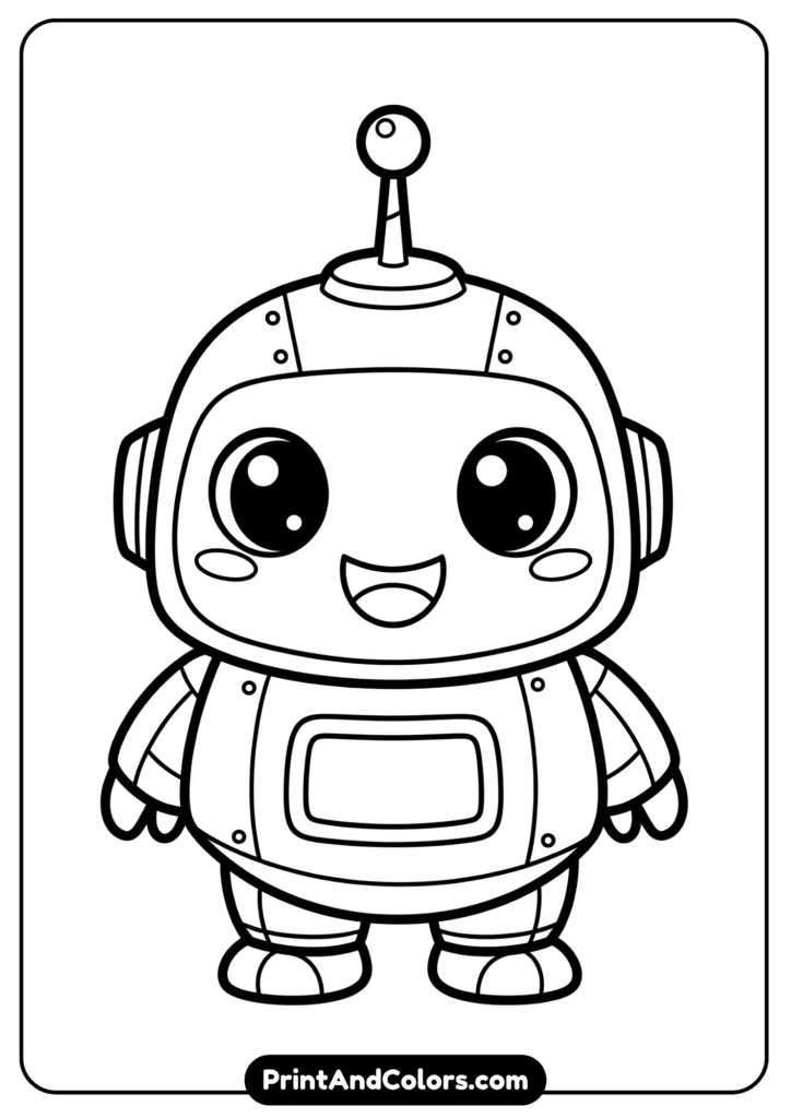 Black and white kawaii robot with big round eyes, antenna, and smiling face, outlined clearly with simple details