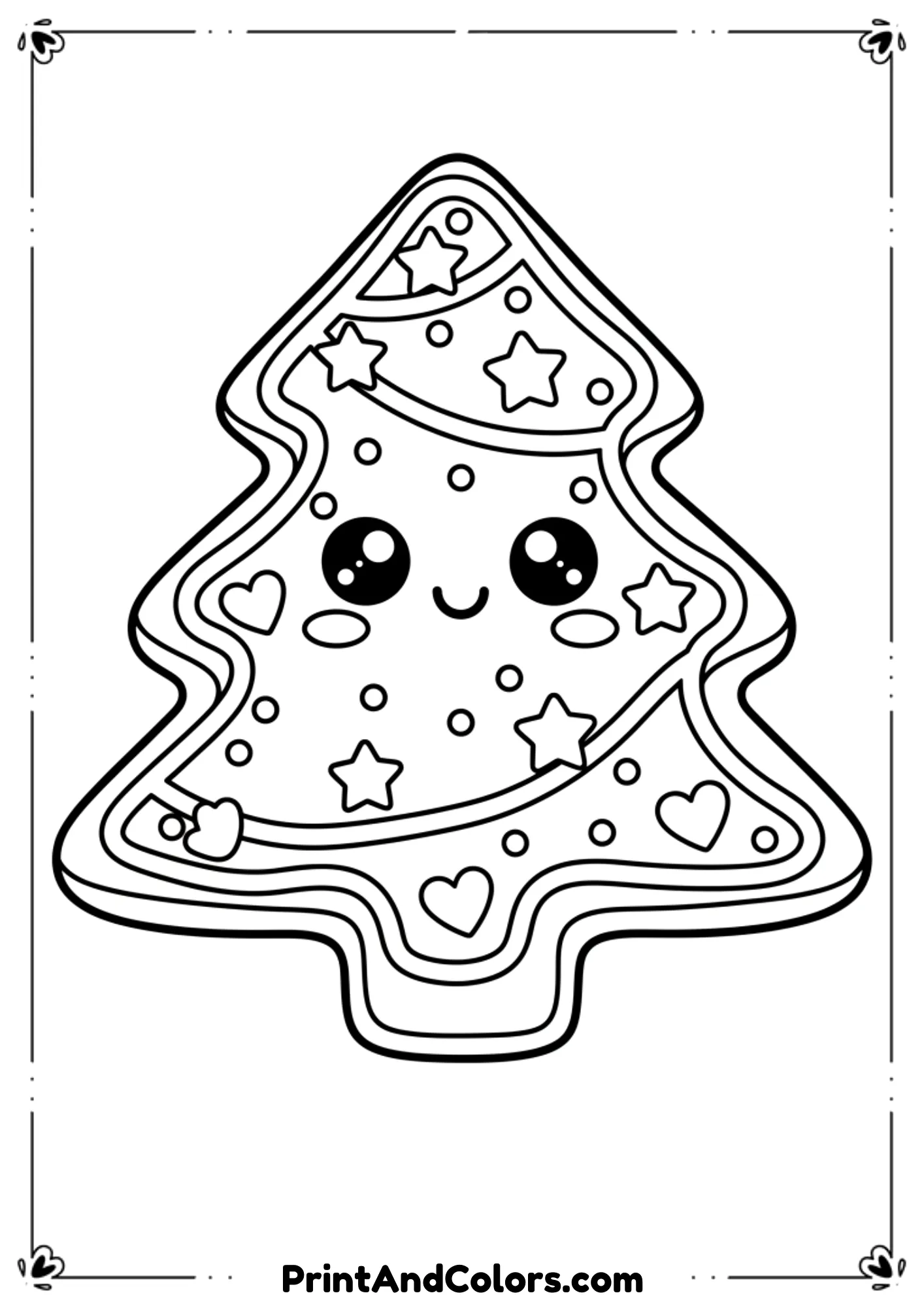 Cute kawaii-style Christmas tree shaped like a gingerbread cookie, with icing outlines, sweet facial expression, stars and hearts, thick lines for preschoolers.
