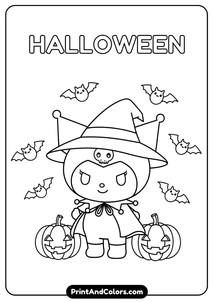 Chibi Kuromi dressed in Halloween costume with pumpkin lanterns, bats flying around, cute and simple outlines, easy coloring sheet for preschool kids