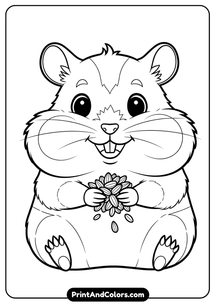 Black and white kawaii hamster holding seeds with tiny paws, chubby cheeks, and a smiling face, outlined simply.
