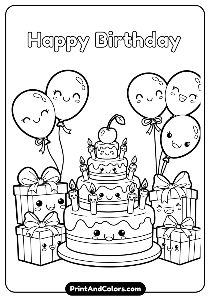 Black and white kawaii birthday cake, balloons, and gifts with smiling faces, outlined for kids’ coloring