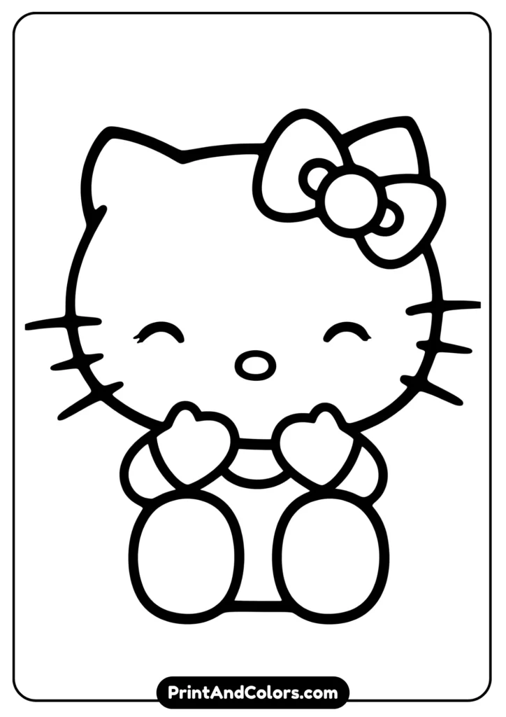 Black and white kawaii Hello Kitty with bow, sitting happily, outlined with bold clean lines