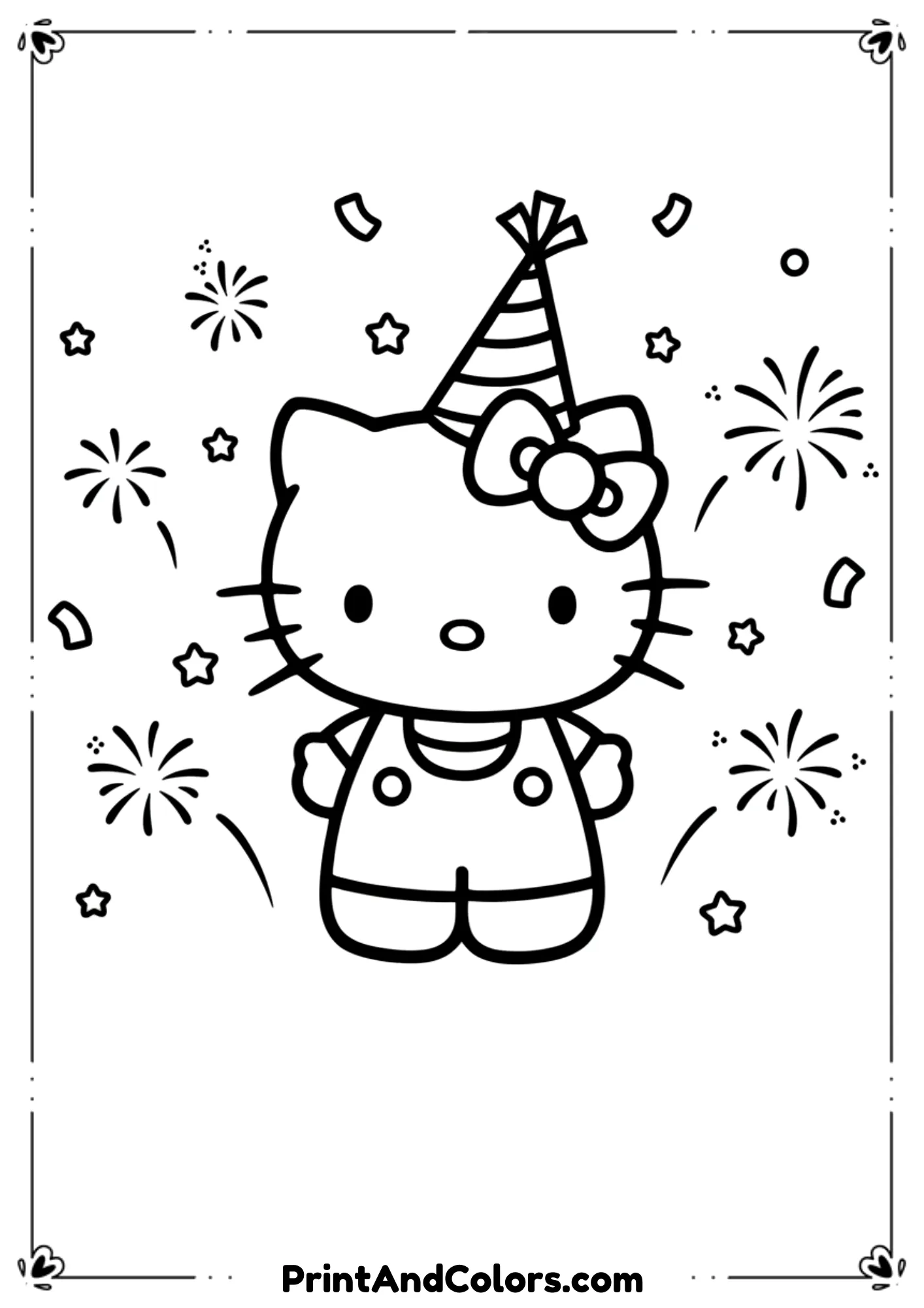  Cute kawaii-style black and white line art of Hello Kitty wearing a party hat, smiling, with small fireworks, stars, and confetti around her. Simple shapes, bold outlines, no shading, perfect for kids.
