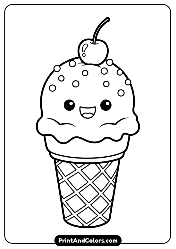Black and white kawaii ice cream cone with happy face, sprinkles, and cherry on top, outlined clearly