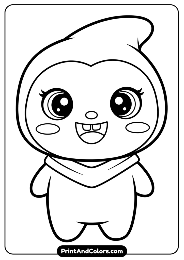 Black and white kawaii Labubu character with playful big eyes, happy face, and simple outlines for coloring fun