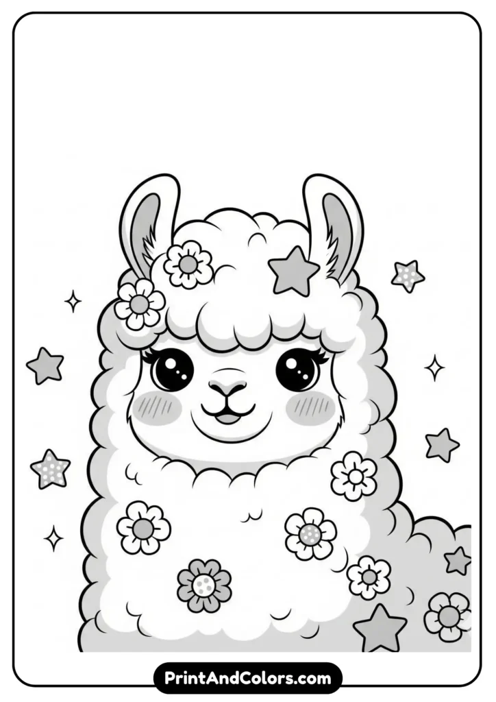 Black and white kawaii llama with fluffy wool, blushing cheeks, and a smiling face, decorated with flowers and stars