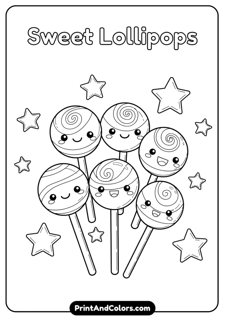 Black and white kawaii lollipops with smiling faces, swirly patterns, and stars around, outlined simply.