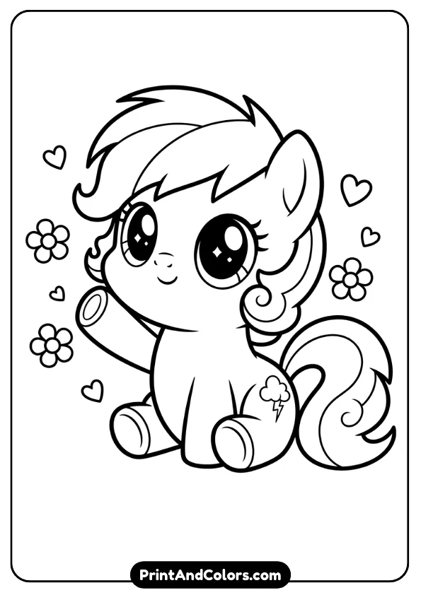 Create a kawaii-style black and white line art coloring sheet with a My Little Pony character featuring oversized eyes, round face, tiny body, and cute pose. Minimal background, bold outlines.