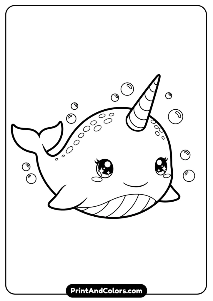 Black and white kawaii narwhal with unicorn-like horn, big sparkling eyes, swimming with bubbles, outlined simply