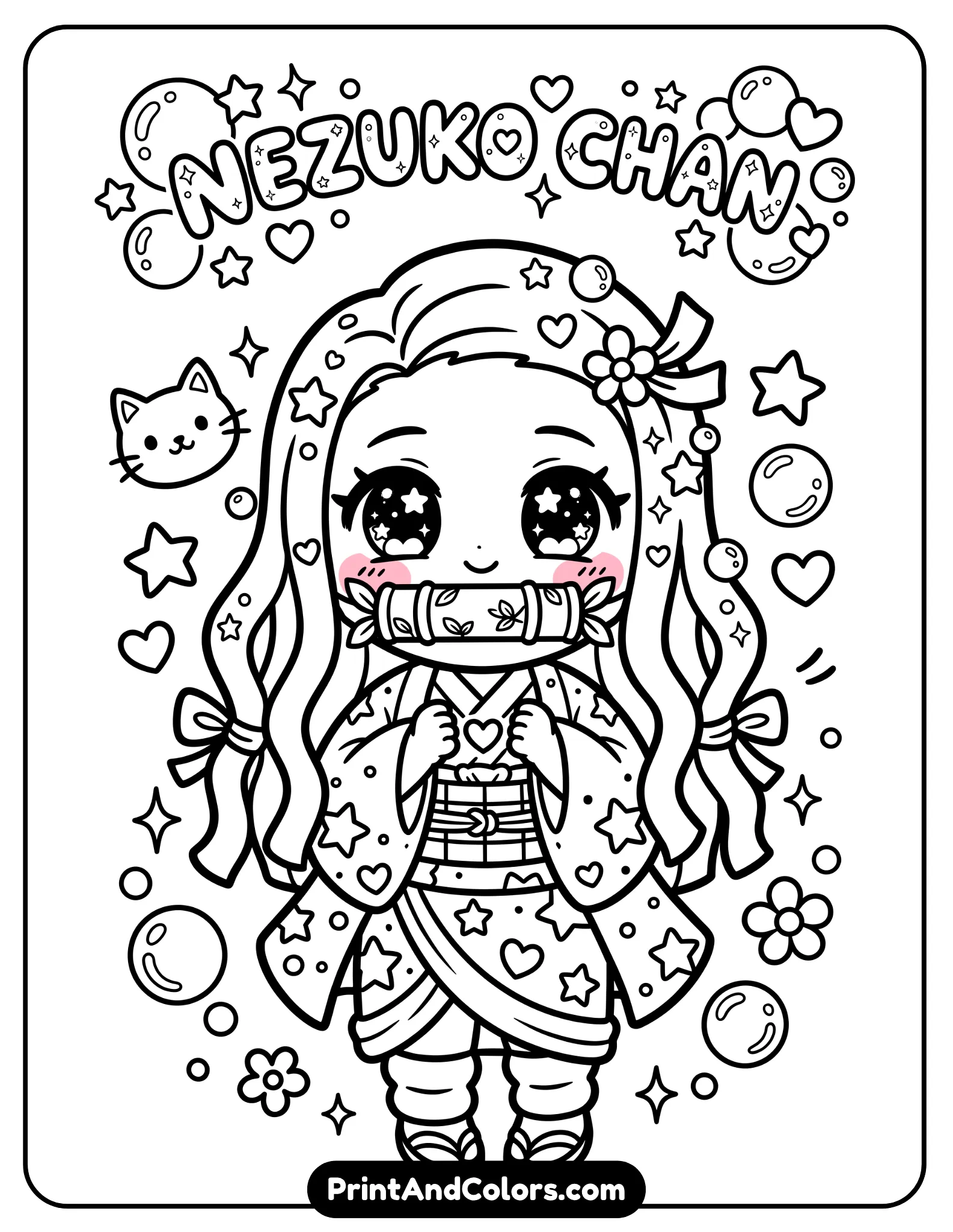 Kawaii-style Nezuko with exaggerated cute features, sparkly eyes, small mouth, decorated with hearts, stars, and bubbles, thick outlines, simple shapes, coloring book friendly